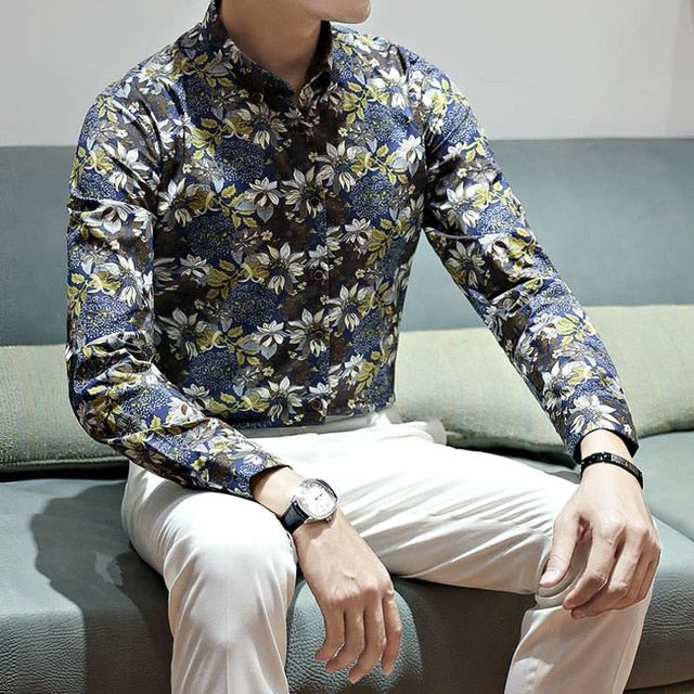 Full Flower Printed Men Long Sleeve Buttoned Shirt