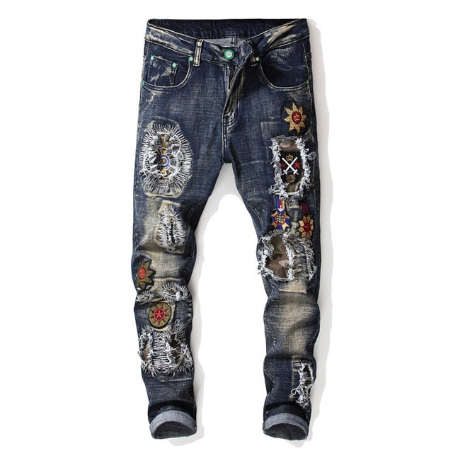 Punk Flower Embroidery Ripped Patchwork Design Men Jeans