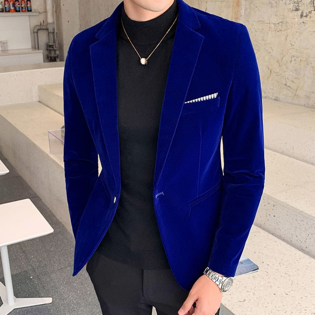 Single Button Solid Color Men Velvet Blazer