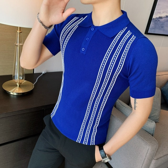 Side Vertical Stripes Buttoned Men Polo Shirt