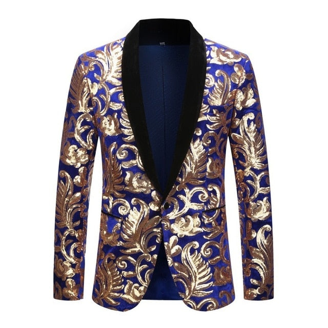 Shawl Lapel Velvet Gold Flowers Sequins Stage Singer Clothes Men Blazer