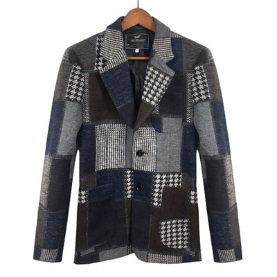 Classic Plaid Patchwork Men Slim Fit Blazer
