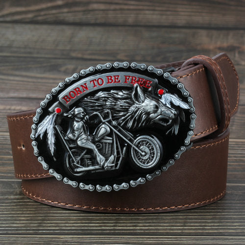 Biker and Wolf Buckle Faux Leather Belt