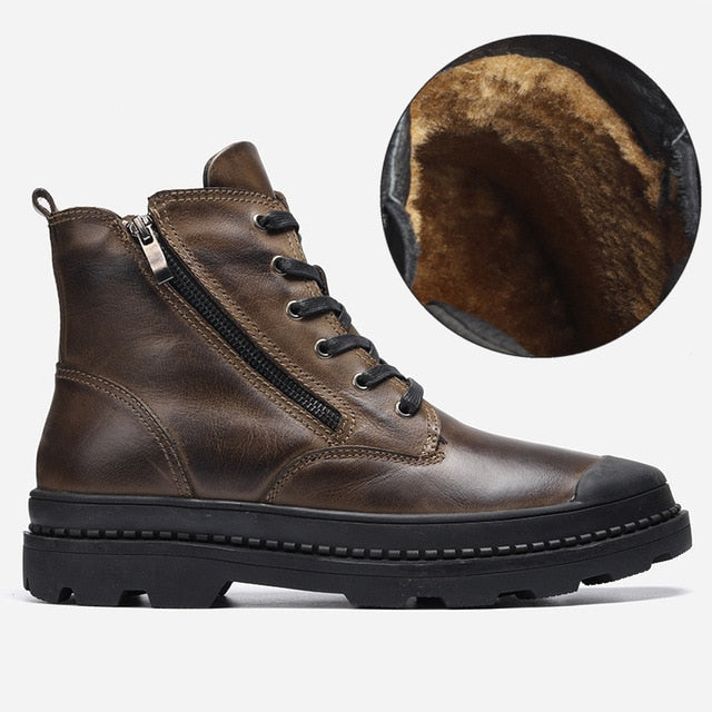 Retro Genuine Leather Warm Zip Basic Style Men Boots