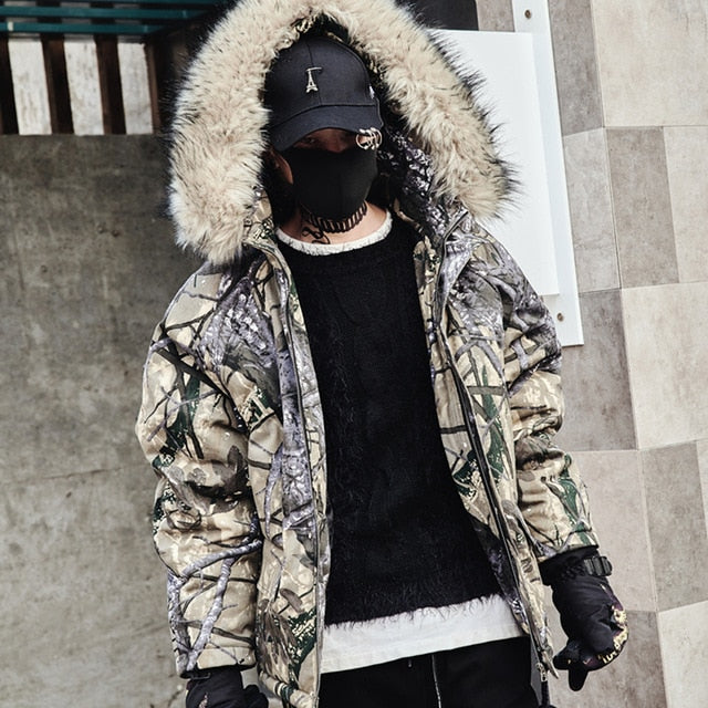 Grey Abstract Tree Branch Printed Warm Parka Jacket