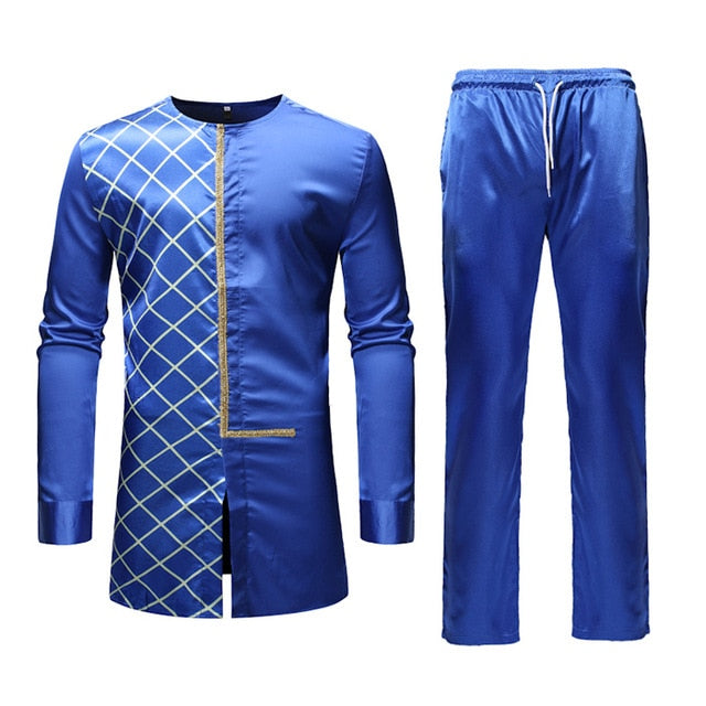 Glowing Solid Blue in African Dashiki Style Men Shirt and Pant Set