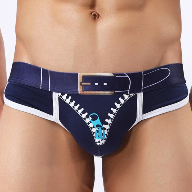 Belt and Open Front-Zipper Print Style Man Briefs