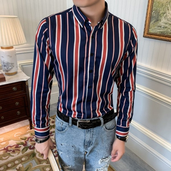 Long Striped Business Casual Style Men Long Sleeves Shirts