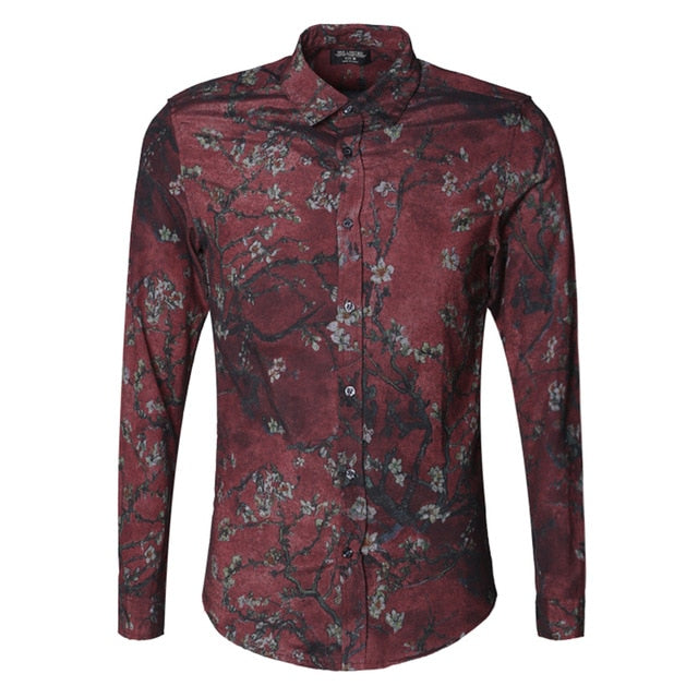 Vintage Slim with Printed Flower Men Long Sleeve Shirt
