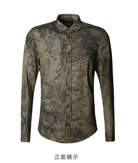 Vintage Slim with Printed Flower Men Long Sleeve Shirt
