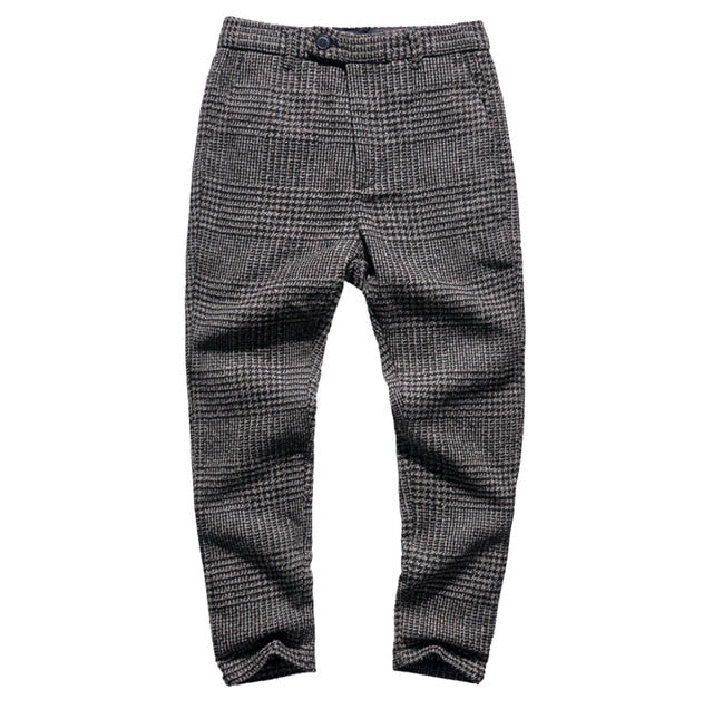 Casual Grey Plaid Woolen Stretch Men Trousers