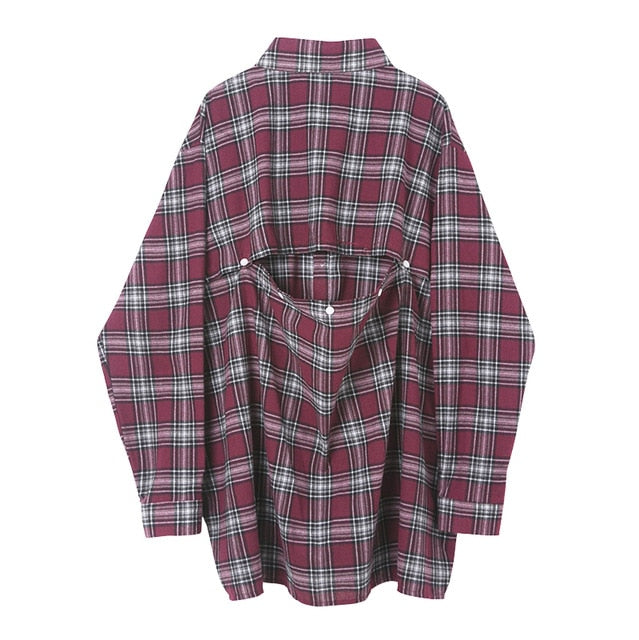 Plaid Retro Oversized with Back Button Men Long Sleeve Streetwear Shirt