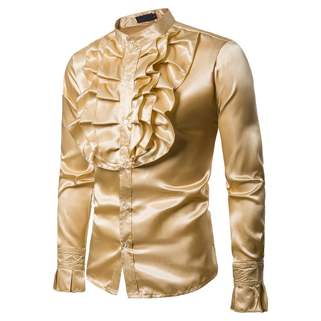 Satin Solid Glow with Ruffles Detail Men Long Sleeves Shirt