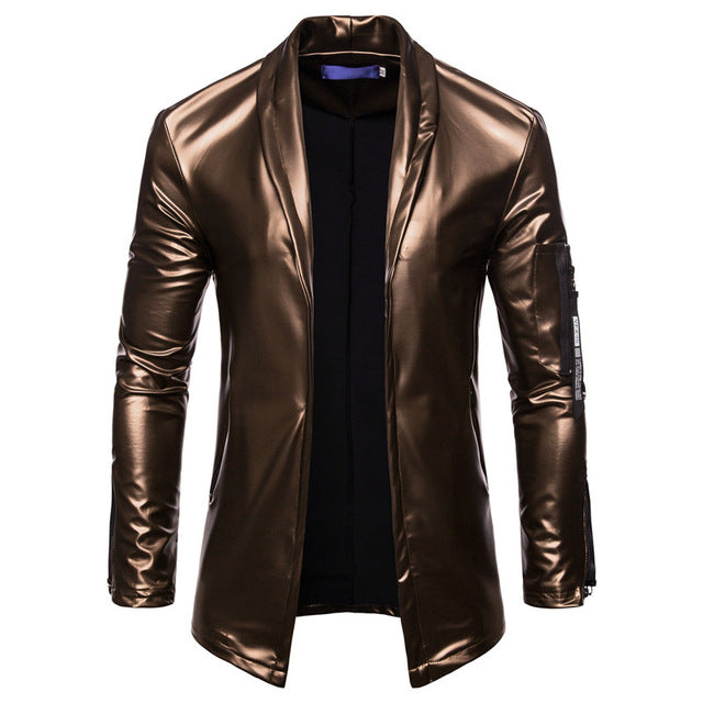 PU Leather Metallic Color Men Slim Fit Blazer