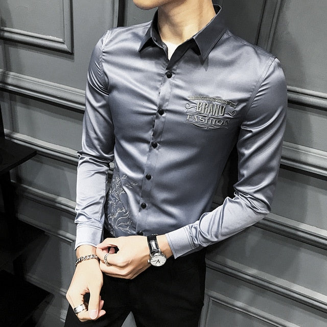 Solid Color with Embroidery Details Long Sleeve Casual Slim Fit Men Shirts