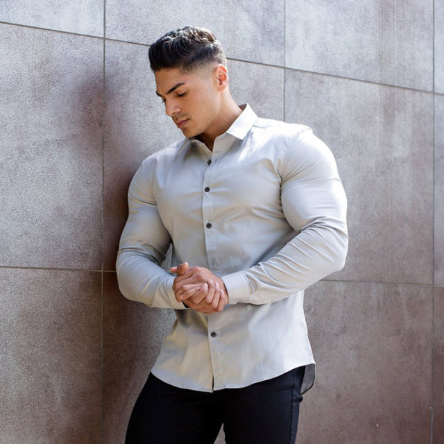 Muscular Solid Fit Casual Long Sleeve Shirt