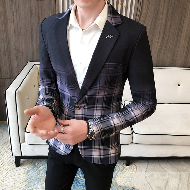 Business Clothing British Style Plaid Blazer for Men