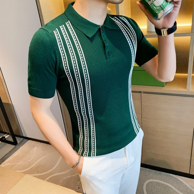 Side Vertical Stripes Buttoned Men Polo Shirt