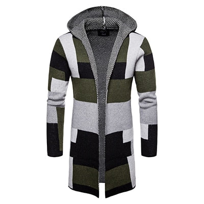 Plaid Thick Slim Hooded Knitted Style Men Cardigan