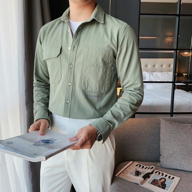 Solid Color Double Pockets Decorated Shirt