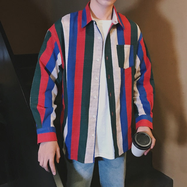 Newest Fashion Stripe Loose Casual Long Sleeves Style Men Shirts