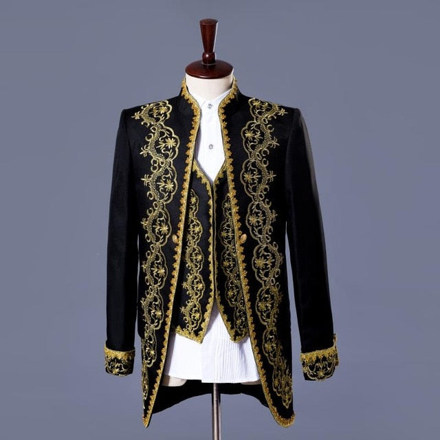 White or Black with Classic Gold Embroidery Three Pieces Set Design Men Costume Suits