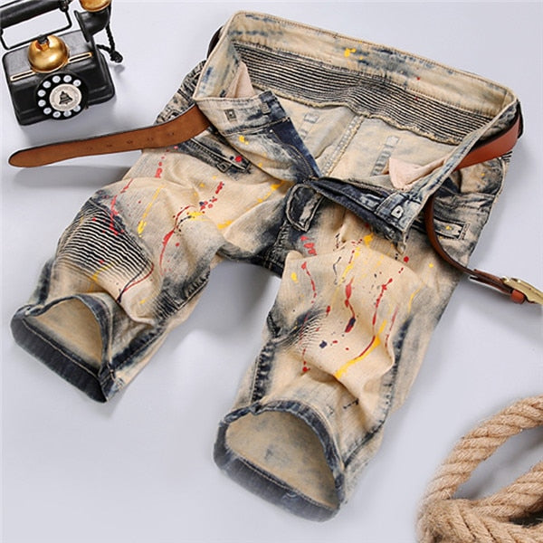 Biker Denim Painted Pleated Denim Style Men Shorts