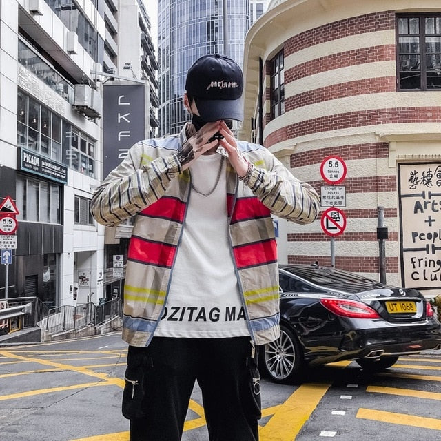 Khaki with Yellow and Red Stripes Combination Hip Hop Style Men Bomber Jacket