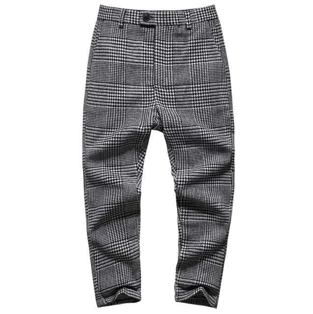 Casual Grey Plaid Woolen Stretch Men Trousers