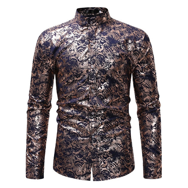 Gold Floral Bronzing Long Sleeve Men Shirt