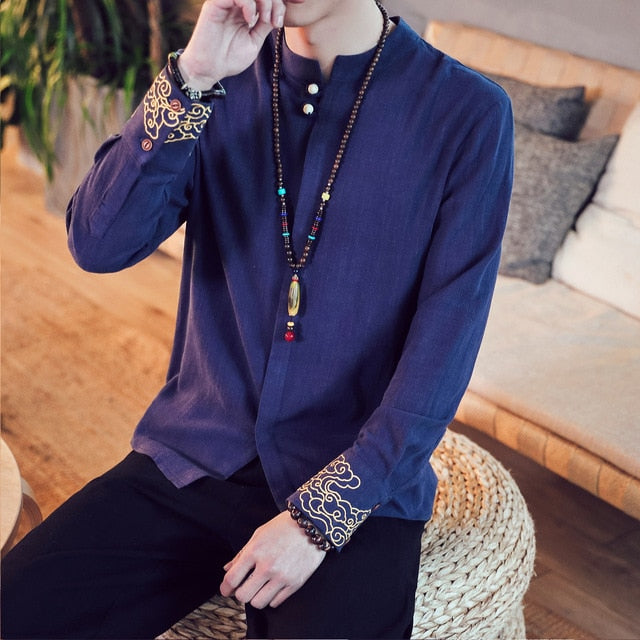 Linen Traditional Kung Fu Style with Simple Wrist Embroidery Men Long Sleeve Shirt