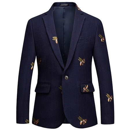 Navy Blue with Bee Embroidery Smart Casual Slim Fit Men Blazer