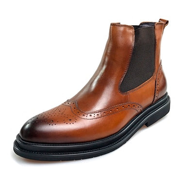 Classic Brown Leather Wingtip Men Chelsea Boots - FanFreakz