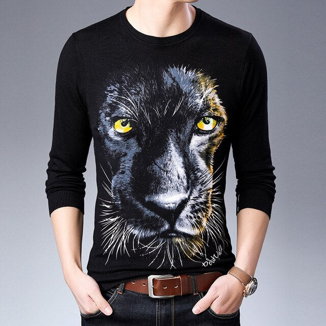 Big Tiger Head Print Pullover O Neck Casual Men Sweater