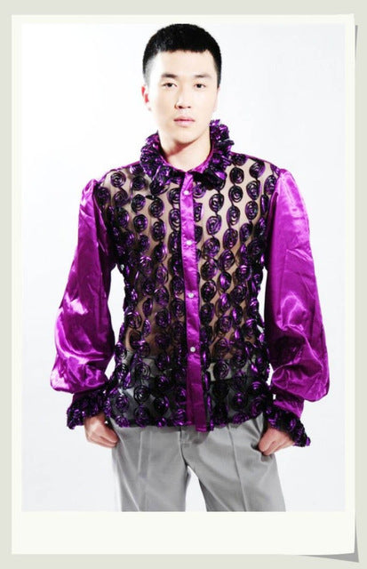 Sexy See Through Twirl Pattern Costume Design Men Shirt