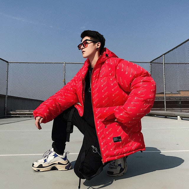 Cotton Padded Outerwear with Letter Printing Men Hooded Jacket - FanFreakz