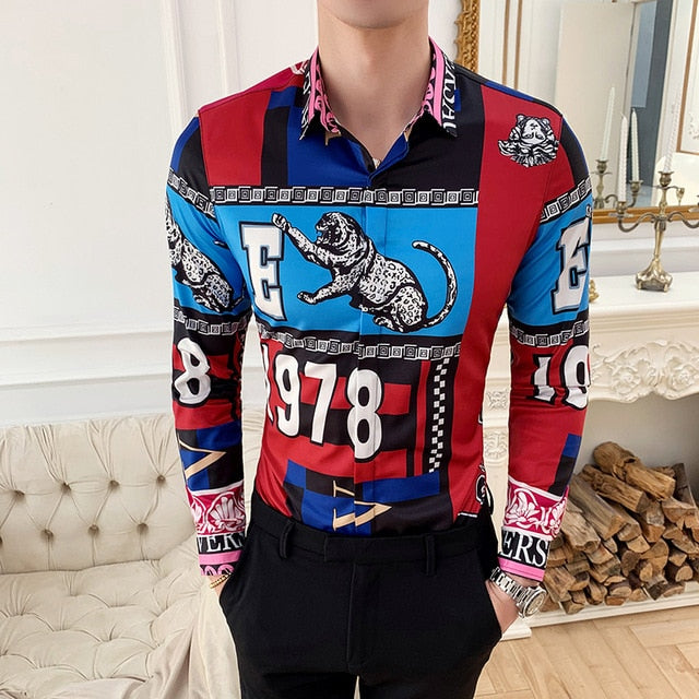 Tiger and Monogram Print Long Sleeve Style Men Slim Fit Shirt