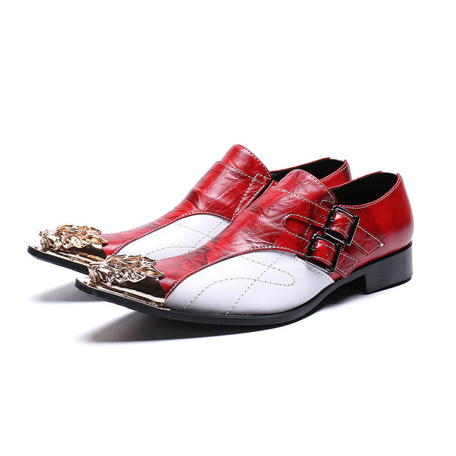 Monk Strap Leather Men Metal Carved Toe Shoes