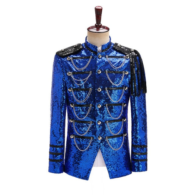 Royal Blue Sequin Cotton Polyester Military Style Blazer