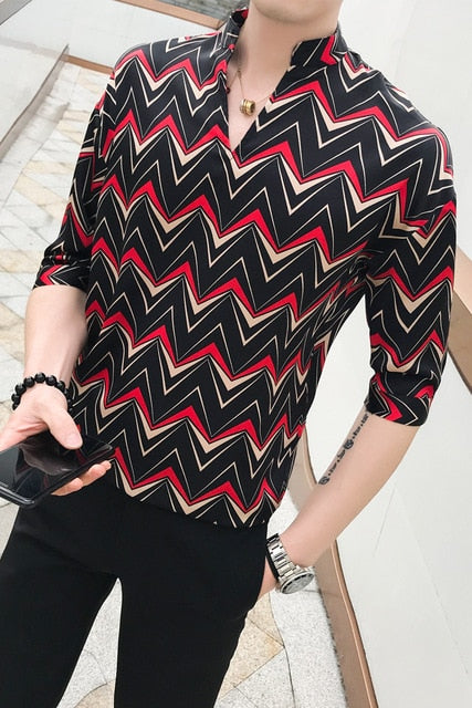 Tide Stripes Middle Sleeves V Neck Style Men Shirts