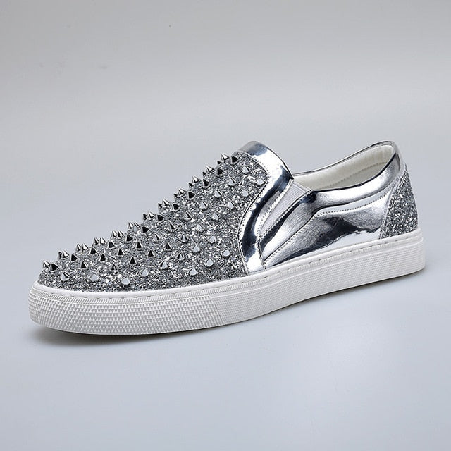 Loafers Black Diamond Rhinestones Spikes Casual Men Shoes
