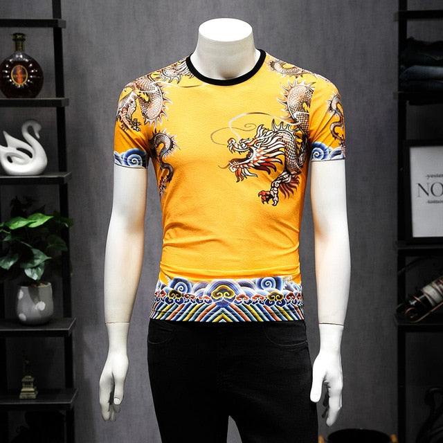 Casual Set Yellow Chinese Style with Dragon Printing Men T Shirt and Pants Set - FanFreakz