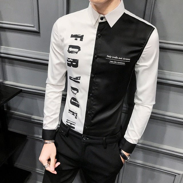 Contrast Patchwork Color with Letter Print Long Sleeve Casual Slim Fit Style Men Shirts