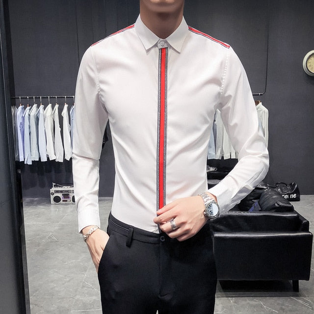 Solid Colour with Ribbon Button Line Design Men Long Sleeves Shirts