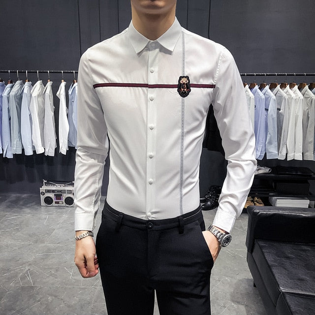 Solid with Ribbon Design Long Sleeve Slim Fit Style Men Shirts