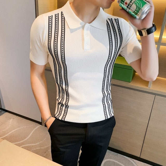 Side Vertical Stripes Buttoned Men Polo Shirt