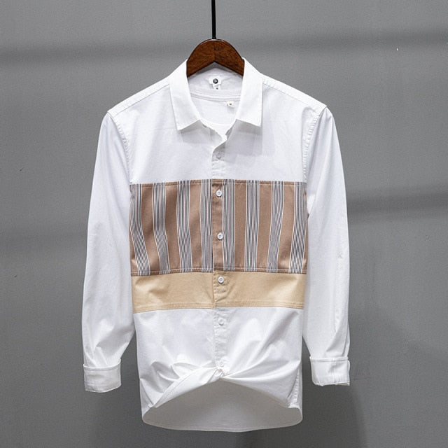 Striped Patchwork Cotton Long Sleeve Shirt