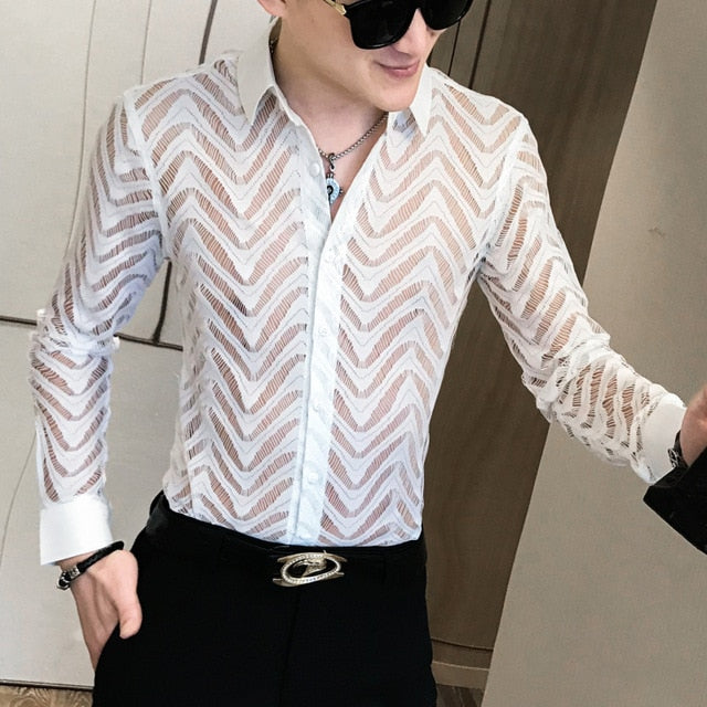 Stitch Wave Stripe Sexy See Through Style Men Shirts