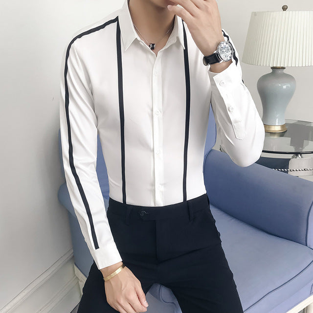 Solid Stripe Long Sleeve Slim Fit Casual Style Men Shirt