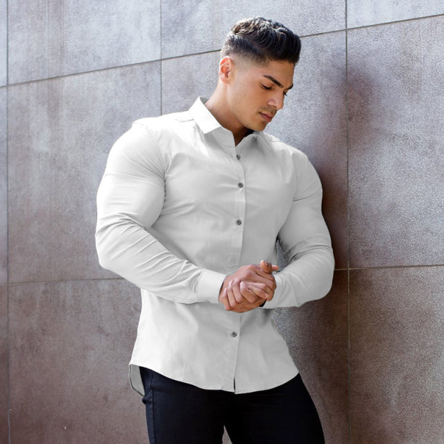 Muscular Solid Fit Casual Long Sleeve Shirt